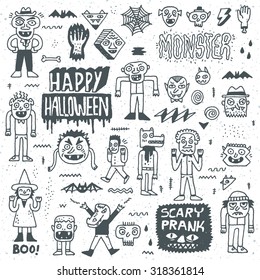 Happy Halloween. Wacky Cartoon Doodle Set. Vector Hand Drawn Illustration Pattern.