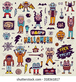 Happy Halloween. Wacky Cartoon Doodle Set. Vector Hand Drawn Color Illustration Pattern.