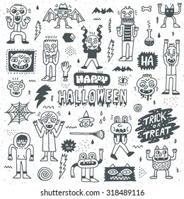 Happy Halloween. Wacky Cartoon Doodle Set 1. Vector Hand Drawn Illustration Pattern.