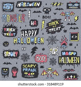 Happy Halloween. Wacky Cartoon Doodle Lettering Set. Vector Hand Drawn Color Illustration Pattern.