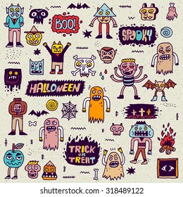 Happy Halloween. Wacky Cartoon Doodle Set 3. Vector Hand Drawn Color Illustration Pattern.