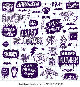 Happy Halloween. Wacky Cartoon Doodle Lettering Set. Vector Hand Drawn Illustration. School Notebook Pattern.