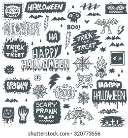 Happy Halloween. Wacky Cartoon Doodle Lettering Set. Vector Hand Drawn Illustration Pattern.