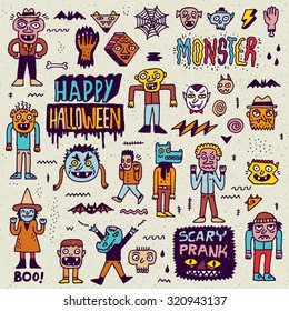 Happy Halloween. Wacky Cartoon Doodle Set 2. Vector Hand Drawn Color Illustration Pattern.