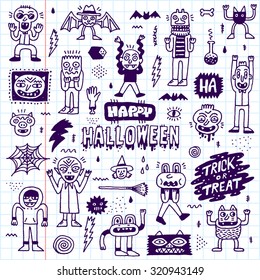 Happy Halloween. Wacky Cartoon Doodle Set 1. Vector Hand Drawn Illustration. School Notebook Pattern.