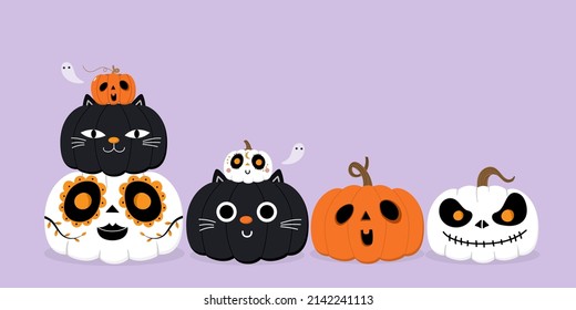 Happy halloween wallpaper and banner. Cute pumpkin with ghost and black cat costume. Holidays cartoon character. -Vector