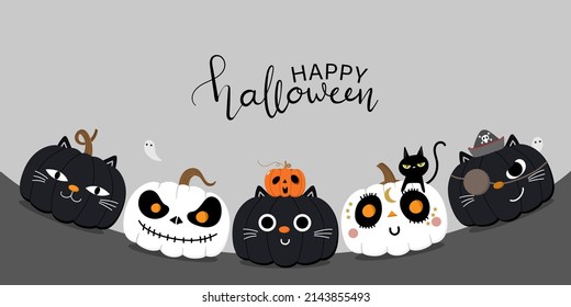 Happy halloween wallpaper and banner. Cute pumpkin with ghost and black cat costume. Holidays cartoon character. -Vector