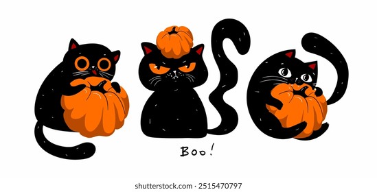 Feliz papel de parede Halloween, banner, folheto, cartão de saudação. Abóbora assustadora com gatos pretos rabugentos em fundo branco. Personagem de caricatura de feriados