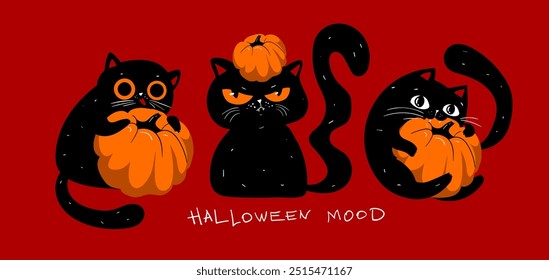 Happy Halloween wallpaper, banner, flyer, greeting card. Spooky pumpkin with grumpy black cats on red background. Holidays cartoon character