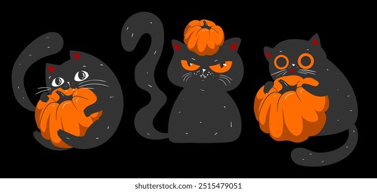 Happy Halloween wallpaper, banner, flyer, greeting card. Spooky pumpkin with grumpy black cats on black background. Holidays cartoon character