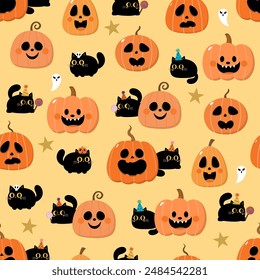 Happy halloween wallpaper with cute black cats, spooky pumpkin and ghost seamless pattern. Holidays cartoon character. -Vector