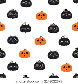 Happy Halloween Wallpaper With Cute Cat Face Paint On Pumpkin. Holidays Cartoon Character Seamless Pattern And Background. -Vector