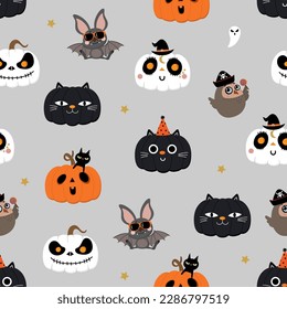 Happy halloween wallpaper with cute pumpkin in cat costume, ghost, owl in pirate dress, bat and black kitten seamless pattern. Animal cartoon character in holidays background. -Vector