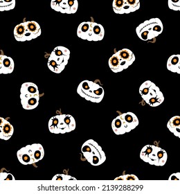 Happy halloween wallpaper with cute skeleton face paint on pumpkins seamless pattern. Holidays cartoon character. -Vector