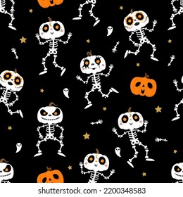 Happy halloween wallpaper with cute skeleton and pumpkins seamless pattern. Holidays cartoon character. -Vector