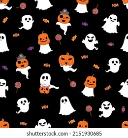 Happy Halloween wallpaper with cute spooky ghosts, scary pumpkin and candy seamless pattern . Holidays cartoon character background.
