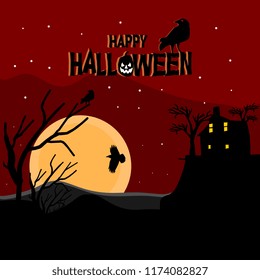 Happy halloween wallpaper design illustration vector with crow, haunted house, tree, and moon. Scary and spooky theme panoramic style.
