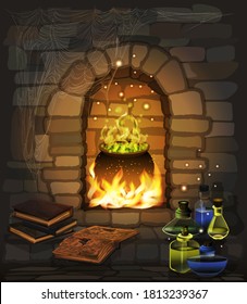 Happy Halloween wallpaper with fireplace and magic cauldron, witch book, glass jar, vector illustration