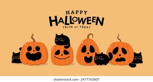 Happy halloween wallpaper and greeting card. Spooky pumpkin with cute black cats. Holidays cartoon character. -Vector