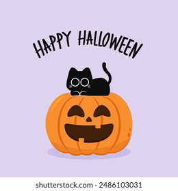 Happy Halloween wallpaper and greeting card. Pumpkin with ghost and black cats. Holidays cartoon character