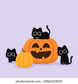 Happy Halloween wallpaper and greeting card. Pumpkin with ghost and black cats. Holidays cartoon character