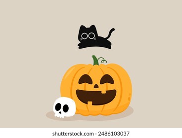 Happy Halloween wallpaper and greeting card. Pumpkin with ghost and black cats. Holidays cartoon character