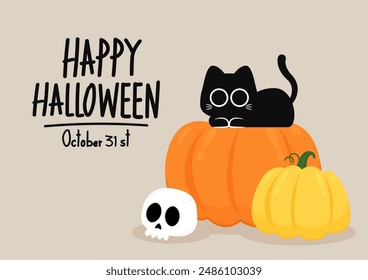 Happy Halloween wallpaper and greeting card. Pumpkin with ghost and black cats. Holidays cartoon character