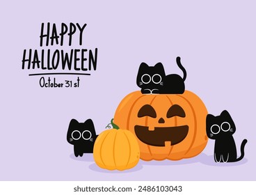 Happy Halloween wallpaper and greeting card. Pumpkin with ghost and black cats. Holidays cartoon character