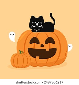 Happy Halloween wallpaper and greeting card. Pumpkin with ghost and black cats. Holidays cartoon character