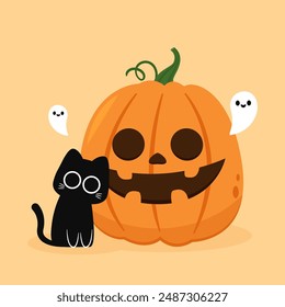 Happy Halloween wallpaper and greeting card. Pumpkin with ghost and black cats. Holidays cartoon character