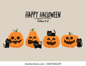 Happy Halloween wallpaper and greeting card. Pumpkin with ghost and black cats. Holidays cartoon character