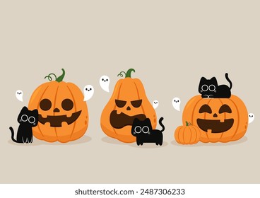 Feliz Fondo de pantalla de Halloween y tarjeta de felicitación. Calabaza con fantasmas y gatos negros. Personaje de dibujos animados de Días festivos