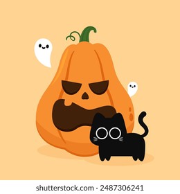 Happy Halloween wallpaper and greeting card. Pumpkin with ghost and black cats. Holidays cartoon character