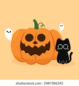 Happy Halloween wallpaper and greeting card. Pumpkin with ghost and black cats. Holidays cartoon character