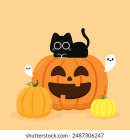 Happy Halloween wallpaper and greeting card. Pumpkin with ghost and black cats. Holidays cartoon character