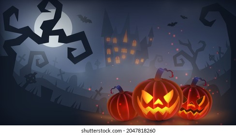 Happy Halloween wallpaper with luminous, luminescent orange pumpkin with spooky scary smile, face, castle with glowing windows, graves, dry trees, driftwood, moon, bats and fog. Vector illustration. 