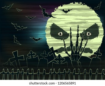 Happy Halloween wallpaper with moon and zombie hand , vector illustration