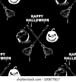 Happy Halloween wallpaper. Vector seamless halloween pattern. Seamless pattern with pumpkins, jack-o-lantern, ghost, caldron. Vintage Halloween pattern 