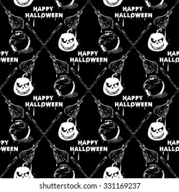 Happy Halloween wallpaper. Vector seamless halloween pattern. Seamless pattern with pumpkins, jack-o-lantern, ghost, caldron. Vintage Halloween pattern 