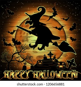 Happy Halloween wallpaper with witch on a broomstick , vector illustration