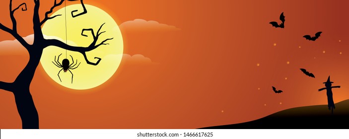 Happy Halloween web banner design. Black spooky spider spinning web under the moonlight, fullmoon, and silhouette of scarecrow and scary tree in the background, fireflies flying around