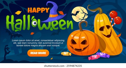 Happy Halloween web banner design template with carved pumpkins, colorful candies, witch's hat in a spooky full moon night with bats flying. Cartoon vector illustration for festive branding and design