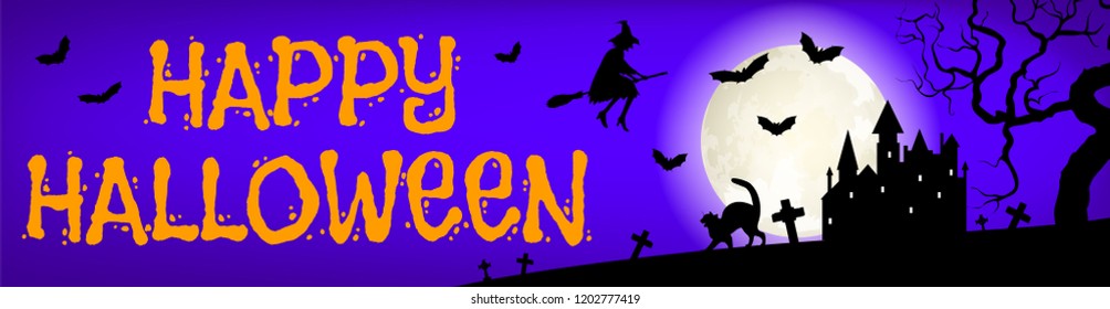 Happy Halloween web banner with flying witch on broom and haunted castle