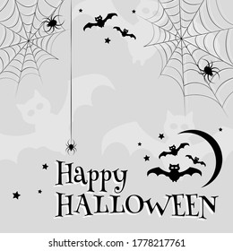 Happy Halloween. Web banner or invitation. Background with bats, ghosts for social networks. Vector illustration. Cobweb, spiders, bats, lettering. Place for text