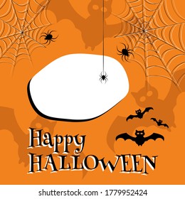 Happy Halloween. Web banner or invitation. Background with bats, ghosts for social networks. Vector illustration. Cobweb, spiders, bats, lettering. Place for text