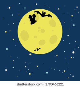 Happy Halloween. Web banner or invitation. Background with bats, moon for social networks. Vector illustration. Moon, bats. Place for text