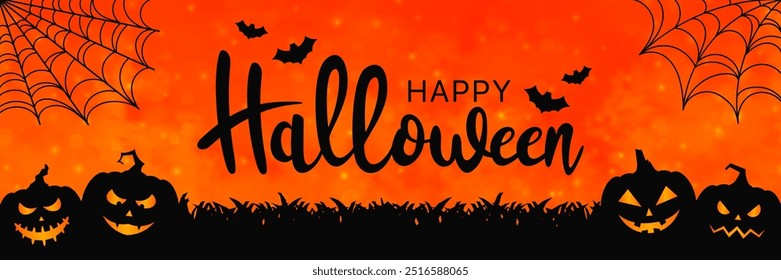 Happy Halloween web banner with text. Halloween pumpkins with scary faces, bats, and spiders on a night scene. Scary faces and ghosts for Halloween greeting card, invitation, and web banner. Vector