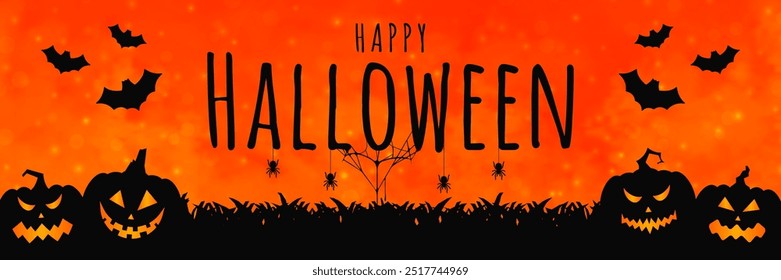 Happy Halloween web banner with text. Halloween pumpkins with scary faces, bats, and spiders on a night scene. Scary faces for Halloween greeting card, party invitation, and web banner. Vector