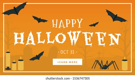 Happy halloween web banner vector template. Traditional autumn season holiday celebration internet poster, landing page concept. Creepy vampire bats, spiders and candles illustration with typography
