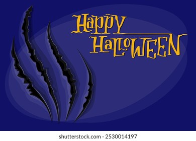 Feliz banner da web de Halloween. Ilustração vetorial de garras assustadoras rascunho em banner com design de letras. Festa de outubro, truque ou deleite. Cartaz abstrato com espaço vazio.